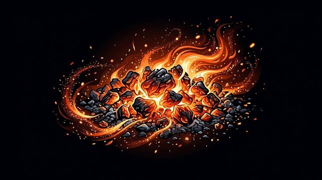 Glowing charcoal embers with vibrant flames and sparks on black