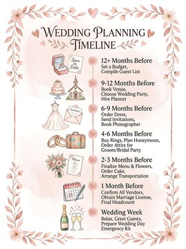 Elegant wedding planning timeline checklist with floral frame