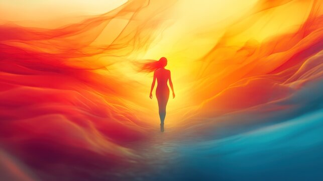 Woman walking vibrant sunset landscape, spiritual journey, inner peace, website banner