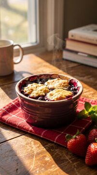Freshly baked blueberry cobbler in a purple ramekin placed on a red napkin near a sunny window.
