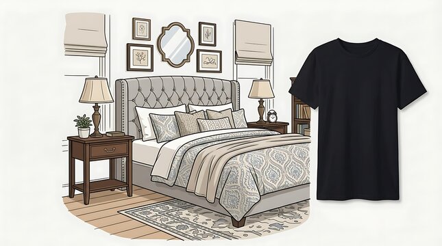 Black t-shirt mockup in a cozy bedroom setting
