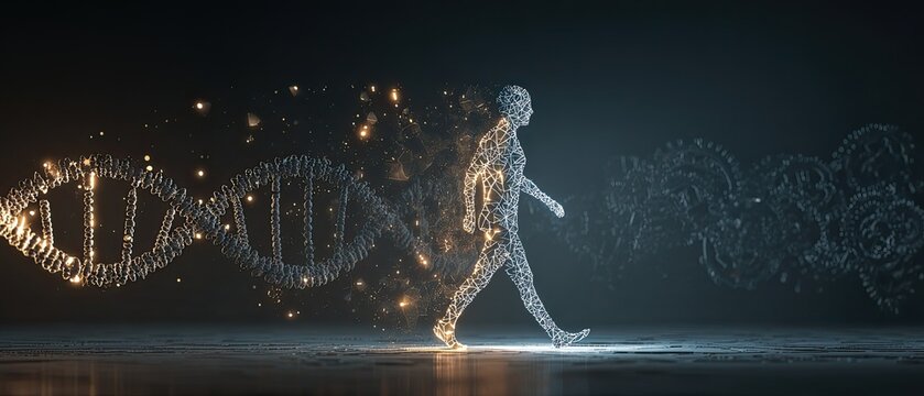 A figure walks forward on a glowing timeline, with the face of a young adult on the left and an older person on the right, surrounded by floating DNA helices and glowing clock gears.
