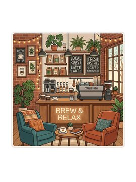 Cozy cafe interior with warm lighting and comfortable armchairs