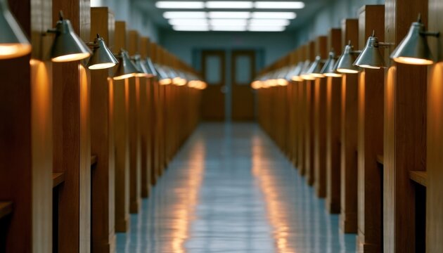 Long view down a library corridor with wooden study carrels and warm desk lamps
