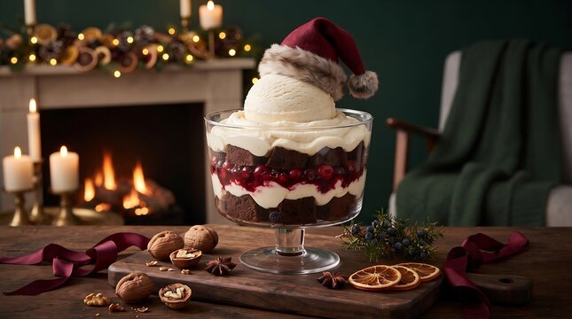 Luxurious Christmas chocolate cherry trifle with Santa hat scoop