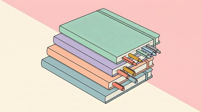 Stack of colorful journals with pens tucked inside as bookmarks