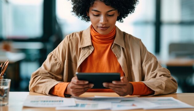 Woman reviewing documents on tablet at office desk