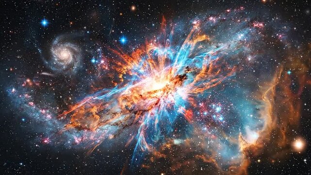 A vibrant cosmic explosion illuminates the deep dark space void