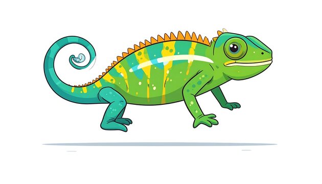 Cartoon green dinosaur with rainbow spikes and curly tail.