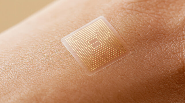 A small electronic sensor patch with golden circuit lines is applied to the surface of human skin to monitor health and track data for medical research purposes