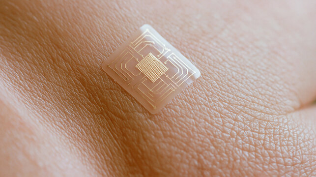 A small electronic sensor chip is attached to the surface of human skin to monitor health data and track medical information in a modern clinical setting