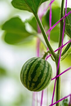 Small green watermelon growing on a vine with purple trellis strings