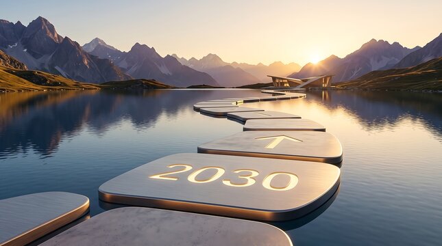 Stepping Stones Over Lake Leading to Futuristic Building 2030