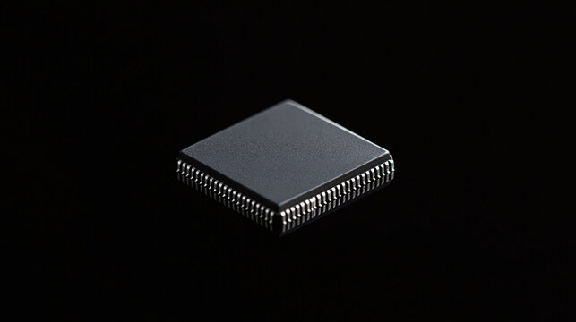 A single electronic computer chip sits isolated on a dark black background representing modern technology and digital hardware components for advanced computing systems and data processing