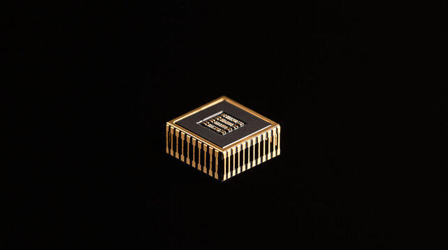 A single electronic computer processor chip with gold pins sits isolated against a plain black background representing modern technology and advanced computing hardware components