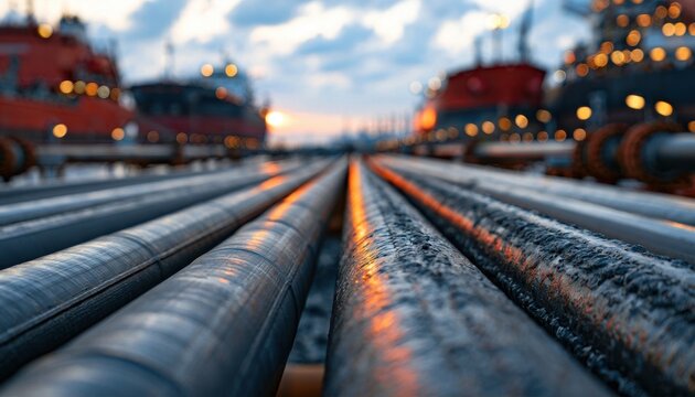 Parallel pipelines stretch into the distance reflecting twilight at an industrial port with illuminated ships and cranes