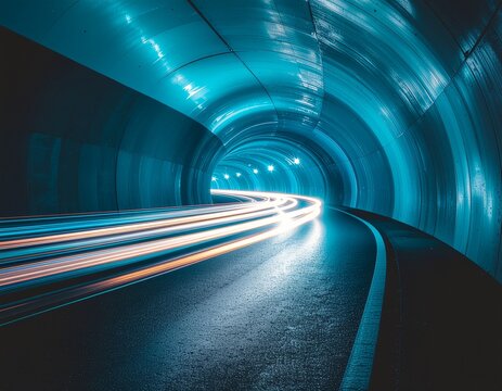 Long Exposure Light Trails of Cars Passing Through a Futuristic Blue Curved Tunnel at Night