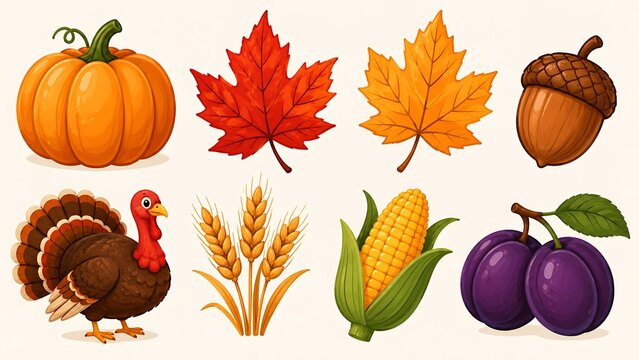 Collection of traditional autumn harvest items including turkey and corn