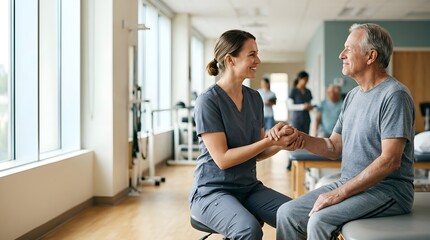 Fototapeta premium A healthcare professional gently reassures a patient inside a bright medical facility. Excellent for nursing, patient support, rehabilitation, compassionate care, and healthcare services. 