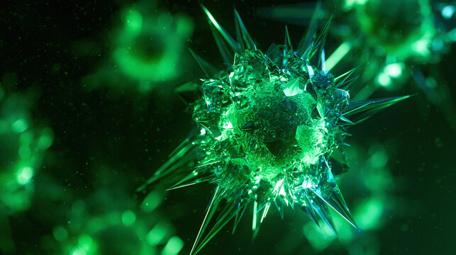 A glowing green microscopic virus cell floats in a dark space representing a dangerous medical infection that spreads through the body during a severe biological health crisis