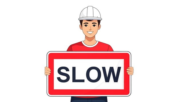 Construction worker holding slow traffic sign outdoors.
