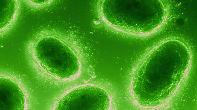 A close up view of microscopic green cells floating in a liquid solution representing biological research and scientific study of living organisms in a laboratory setting