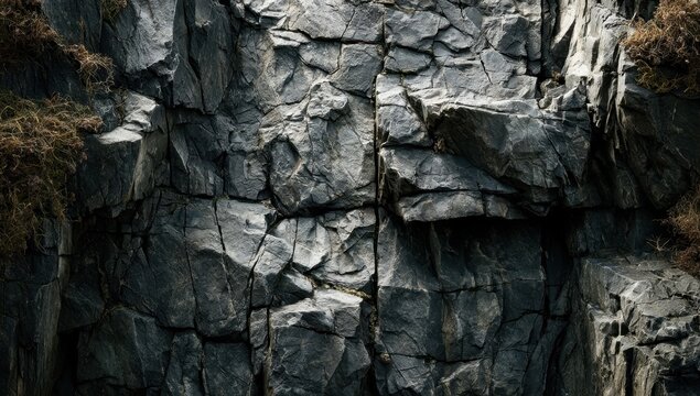 Dark, fractured basalt rock face with sharp angular textures and subtle brown vegetation accents