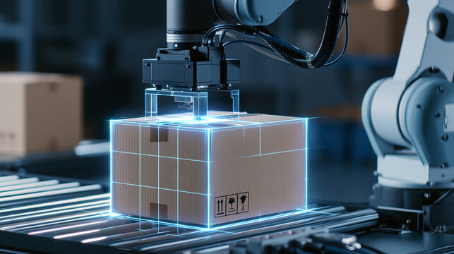 A robotic arm scans a cardboard box on a factory conveyor belt using digital laser technology for automated logistics and distribution in a modern warehouse facility