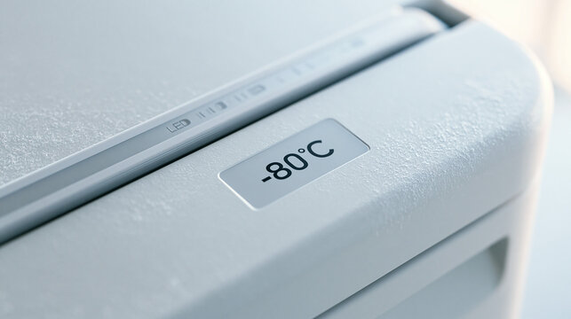 A close up view of a laboratory freezer display showing a temperature setting of minus eighty degrees celsius for scientific research and medical storage purposes