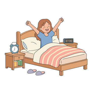 Morning Routine Illustration &ndash; Happy Woman Waking Up in Bed