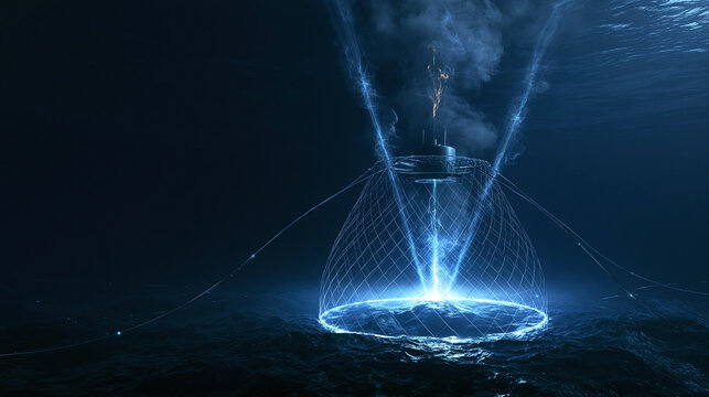 A futuristic underwater research station uses a glowing energy field to study the deep ocean floor in a dark and mysterious marine environment