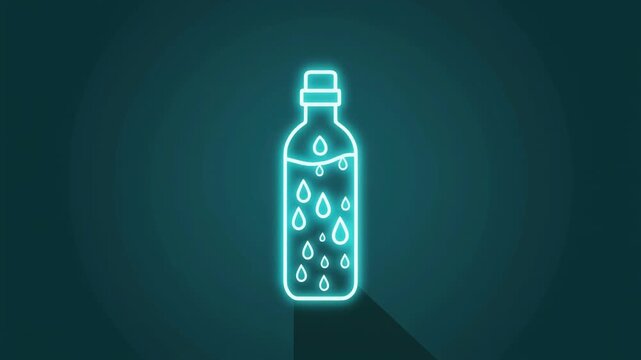 Glowing outline of a reusable water bottle with droplets on a dark background, representing hydration, drinking water, wellness, sustainability, fitness Suitable for editorial use.
