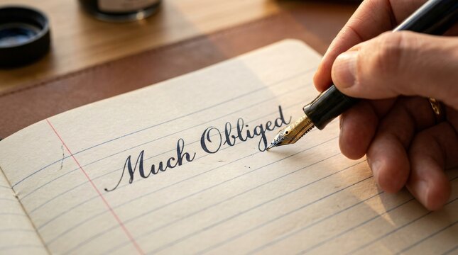 Handwritten Much Obliged text on paper, vintage fountain pen writing thank you note, elegant calligraphy on lined notebook