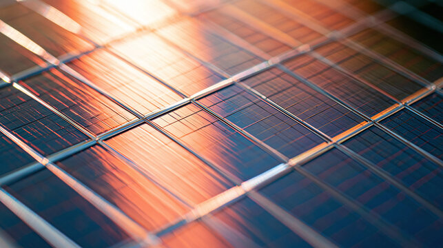 A close up view of a modern solar panel surface reflecting the warm golden light of the setting sun during a bright clear day
