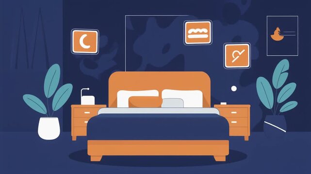 A cozy bedroom illustration featuring a comfortable bed and modern interior design. Perfect for home decor, relaxation, sleeping, comfort, lifestyle, and residential concepts.
