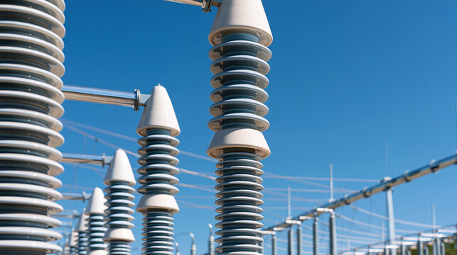 A series of tall electrical ceramic insulators stand outdoors at a power station under a clear blue sky to support high voltage transmission lines for energy distribution