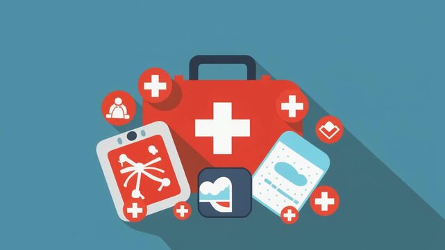 A first aid kit surrounded by medical supplies representing emergency preparedness, healthcare, treatment, safety awareness, and essential rescue equipment.

