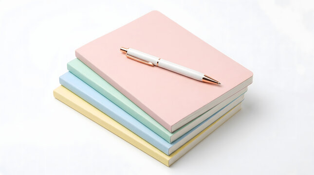 Elegant stack of pastel notebooks with a white ballpoint pen for creative study or office work