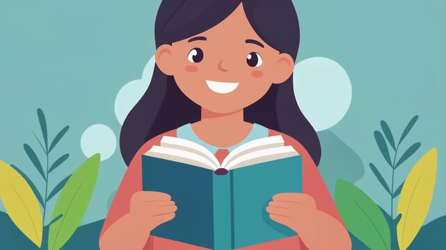 A smiling girl reading a book, encouraging literacy, education, imagination, personal growth, childhood learning, and the joy of reading every day.

