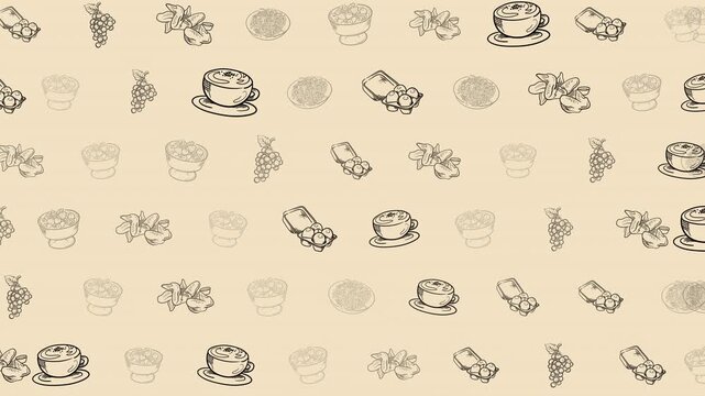 Cream coffee and pastry doodle seamless loop background