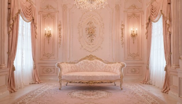Elegant pink sofa in an ornate classical palace interior