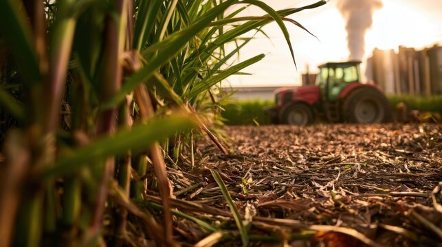 Tall green sugarcane plants in foreground with red tractor and smokestack on horizon