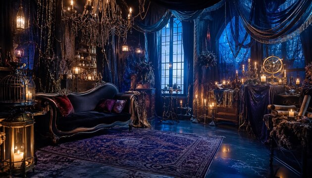 Dark gothic study with candles and luxurious velvet sofa