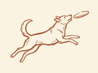 Fototapeta premium Active dog jumping in midair to catch a flying disc frisbee orange outline vector design