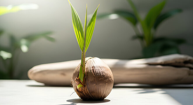 Young coconut sprout growing in natural light indoors