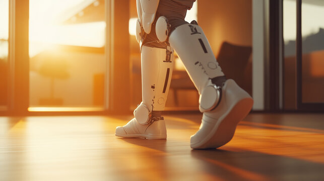 White Exoskeleton Legs Walking in Sunlit Interior Rehabilitation Technology and Human Augmentation Concept