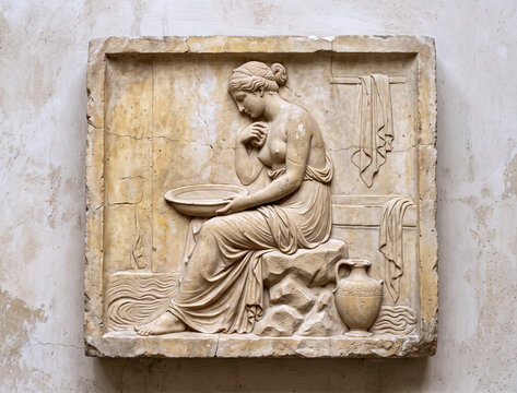 antique style refined stone bas-relief sculpture in marble of woman bathing  with border on stone wall