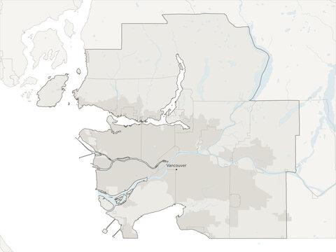 Vancouver metropolitan area vector map with census subdivision boundaries, urban footprint and hydrography, British Columbia, Canada