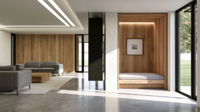 Contemporary living room with wood-paneled walls and minimalist seating