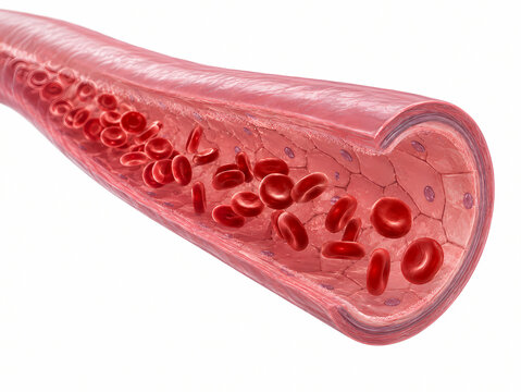 Cutaway view of blood vessel with red blood cells flowing through endothelial lumen
